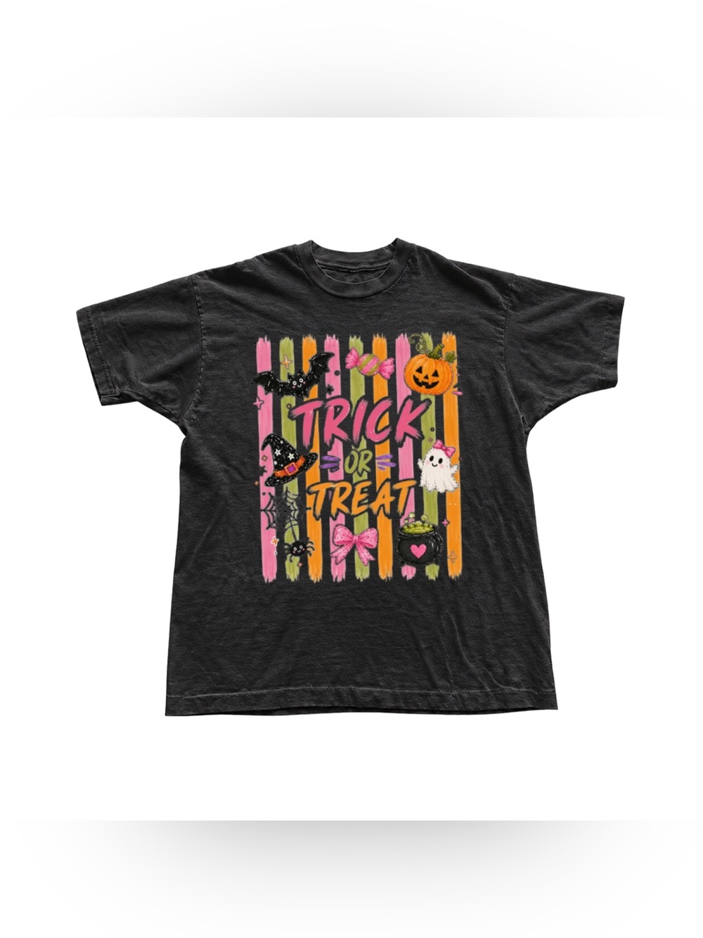 Black Halloween 'Trick or Treat' Graphic Tee with Pink and Orange Accents